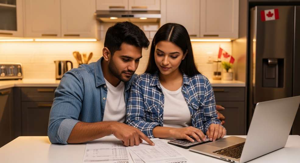 A newcomer couple at home reviewing their pay stubs and doing calculations on a laptop, looking focused and purposeful. Warm, domestic setting suggesting financial planning.