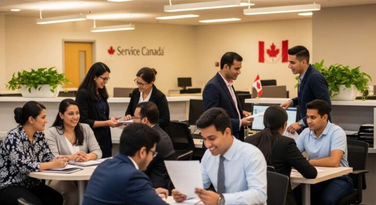 A diverse group of newcomers at a Canadian government Service Canada office, reviewing documents, looking hopeful and confident. Modern, welcoming setting.