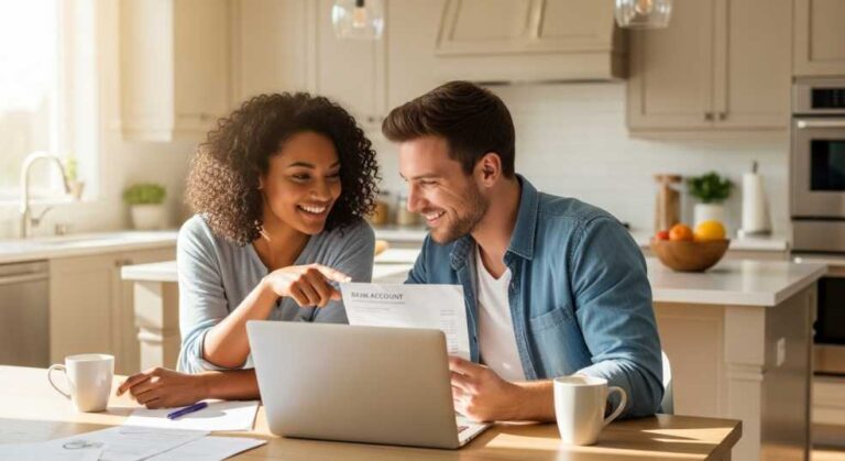 A smiling newcomer couple reviewing banking documents on a laptop in a bright modern Canadian home