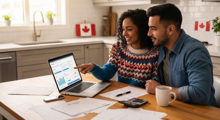 How to File Your First Tax Return in Canada as a Newcomer A diverse newcomer couple sitting at a kitchen table with a laptop and tax documents, looking relieved and confident. Canadian flag visible subtly in background