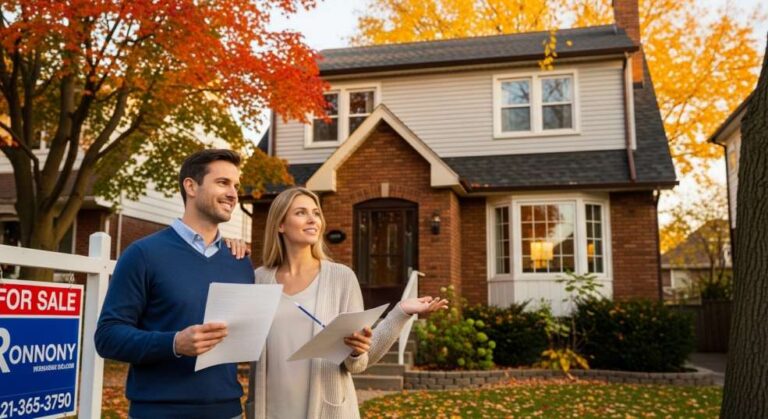 A diverse newcomer couple looking at a house listing or talking with a real estate agent in a bright Canadian neighbourhood — conveys optimism and decision-making