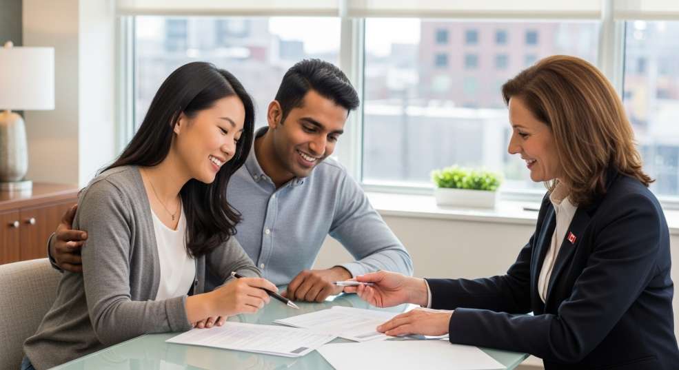 Newcomer couple meeting with mortgage advisor in Canada to discuss home buying options