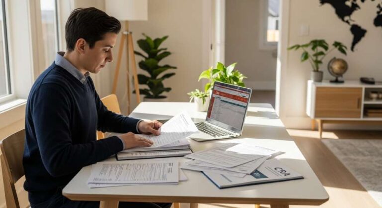 Person reviewing Canadian tax forms with a world map in the background, representing reporting foreign income to CRA