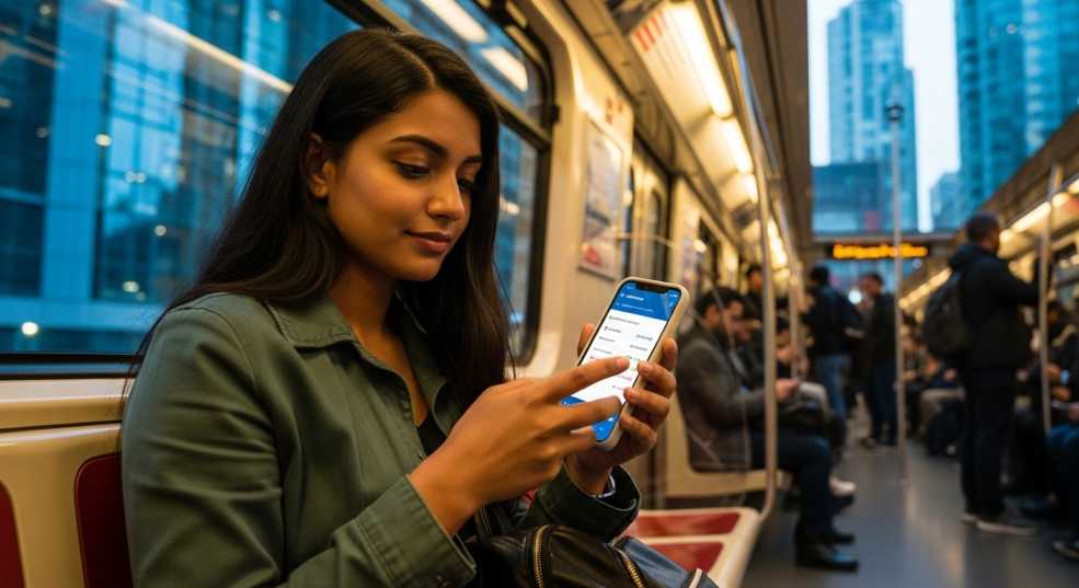 A newcomer using a smartphone banking app while riding a Toronto subway