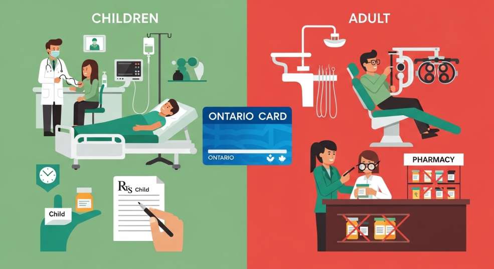 Visual comparison of what Ontario OHIP health insurance covers and does not cover for newcomers