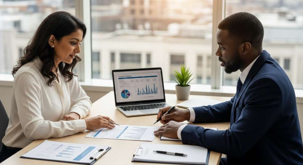 Newcomer woman meeting with a Canadian financial advisor about retirement planning