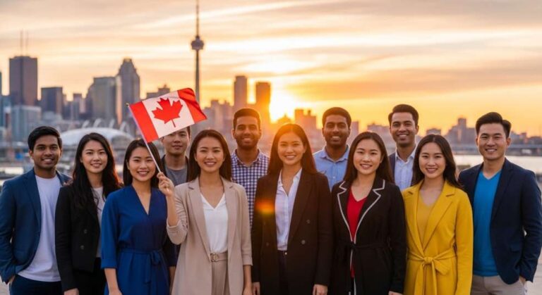 Diverse newcomers standing in front of Canadian city skyline representing Canada's minimum wage guide for immigrants 2026