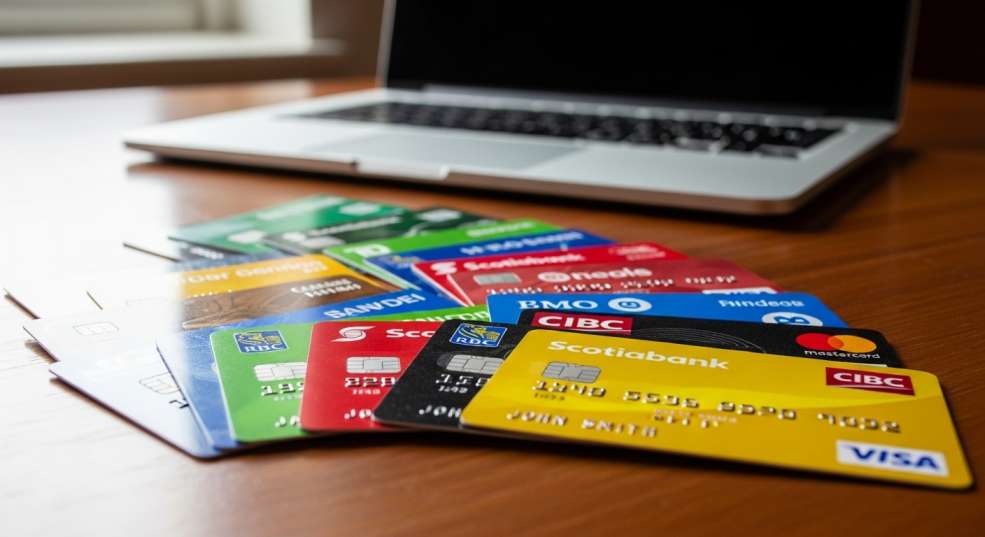 Canadian newcomer student credit cards fanned out on a desk