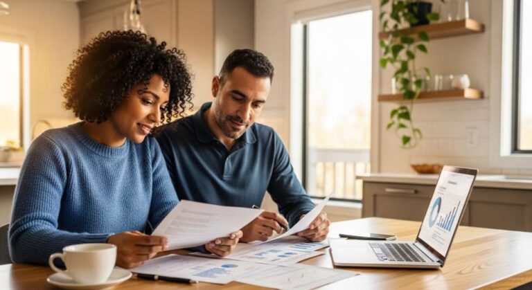 Immigrant couple planning retirement finances at home in Canada