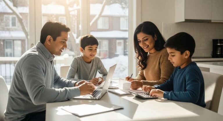 Immigrant family budgeting together.