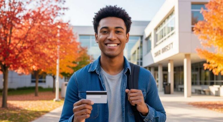 International student holding a Canadian credit card at a university campus in Canada