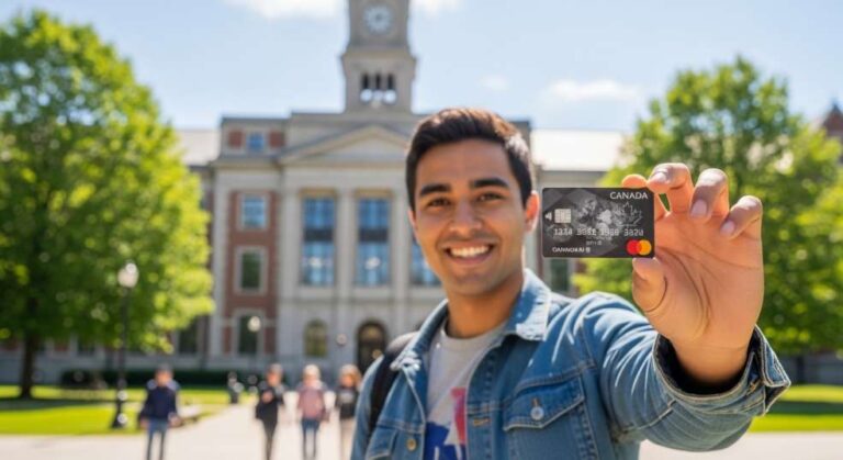 International student holding a credit card outside a Canadian university campus