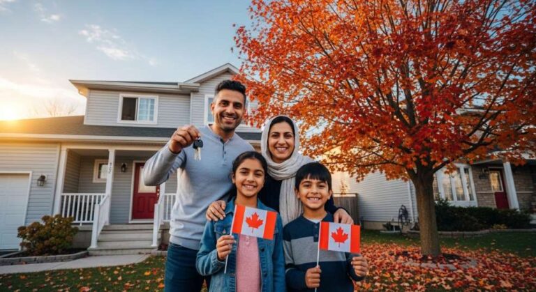 Newcomer family standing in front of their new Canadian home