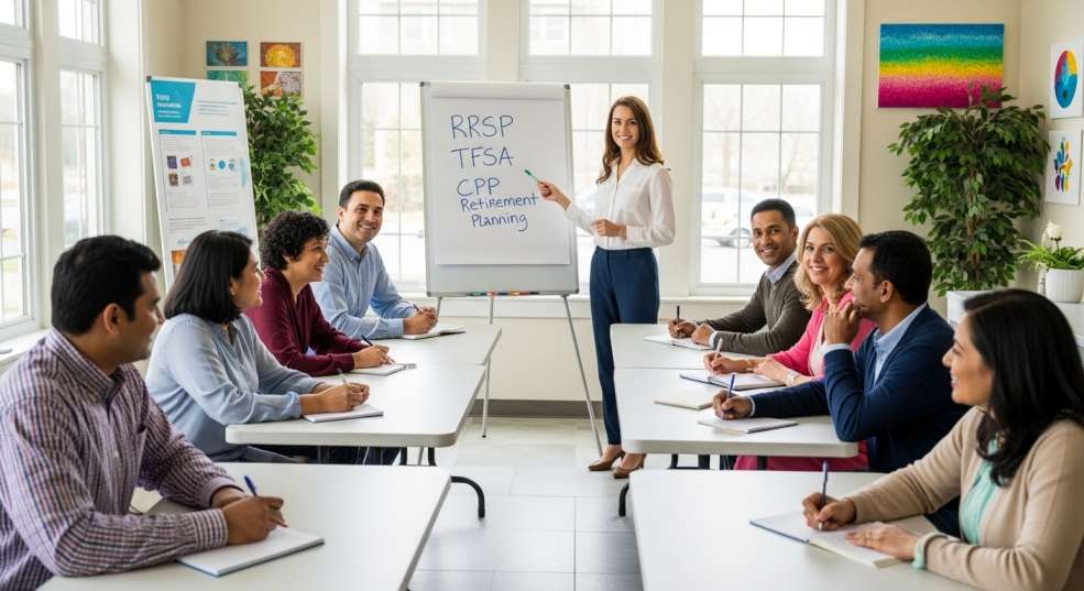 Newcomers attending a financial planning workshop about retirement in Canada