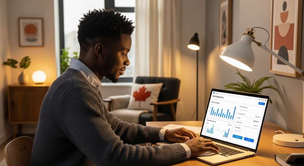 Person on laptop applying for a loan through a fintech app with financial data graphs visible on screen.