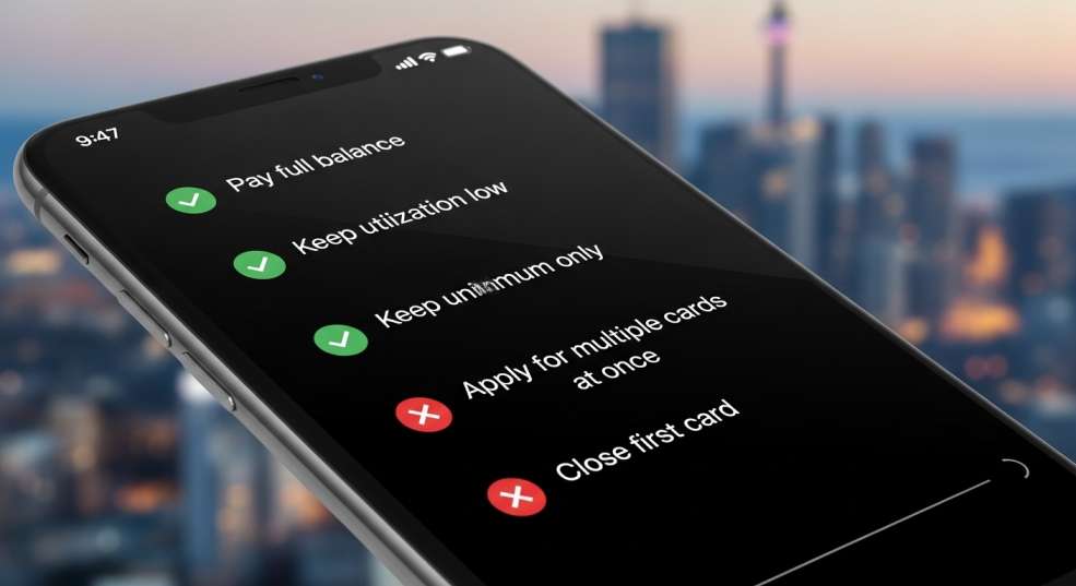 Checklist on a smartphone screen showing credit card do's and don'ts.