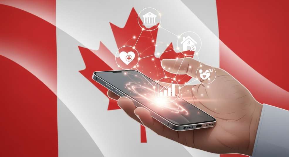 Futuristic digital illustration showing interconnected financial services — banking, insurance, and investments — accessible from a single device.