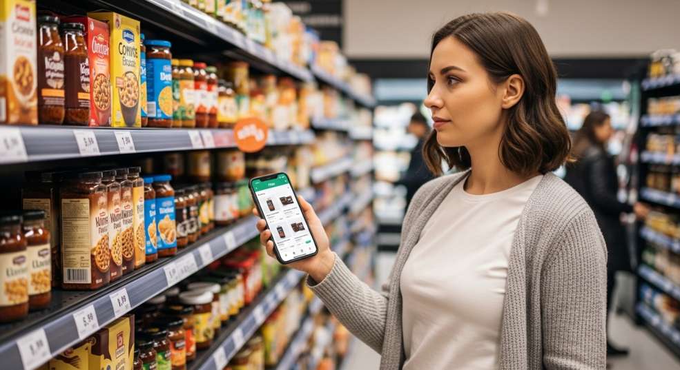 New immigrant comparing grocery prices at a Canadian supermarket using a smartphone app.