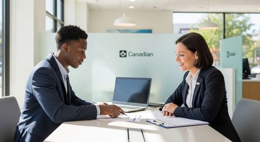 New immigrant opening a Canadian bank account with a financial advisor.