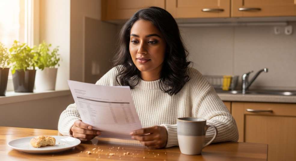 Newcomer to Canada reviewing employment contract and pay stub at home