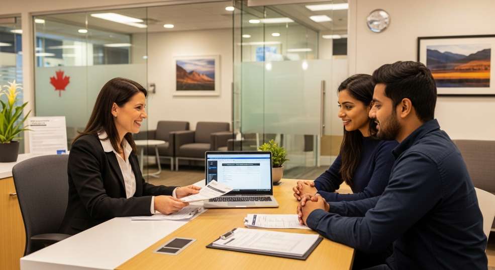 Diverse group of newcomers at a Canadian bank meeting with a mortgage advisor.