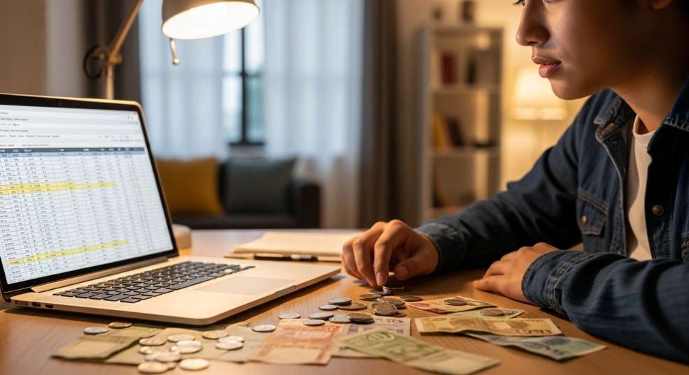 A student reviewing a budget spreadsheet on a laptop with Canadian currency (loonies and toonies) visible on the desk