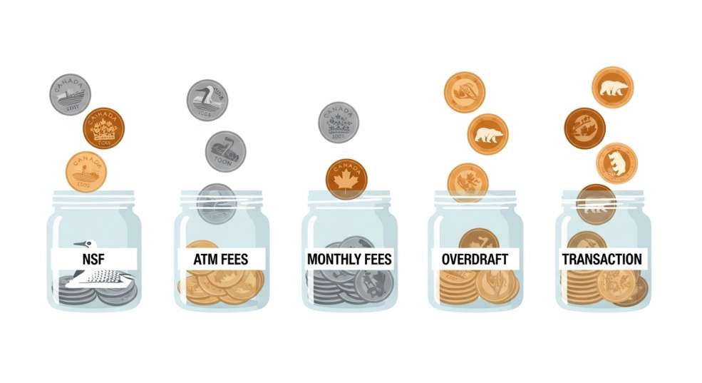 Infographic-style illustration showing the different types of bank fees.