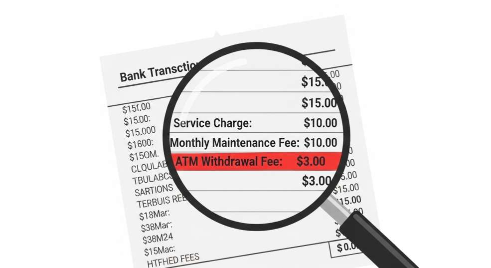 Magnifying glass revealing hidden fees in international bank transfer fine print