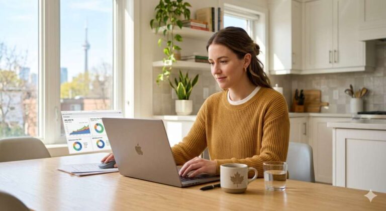 Canadian checking her investment portfolio