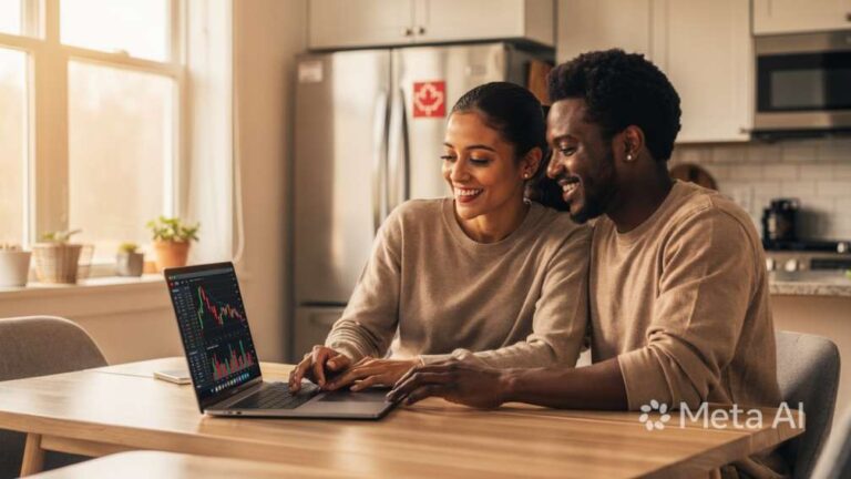 A smiling diverse newcomer couple reviewing financial investment documents on a laptop at a Canadian kitchen table, with a small Canadian flag in the background