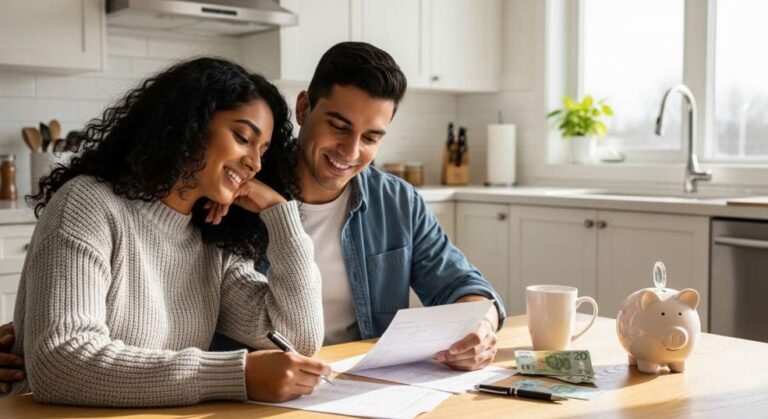 A smiling newcomer couple reviewing financial documents at a kitchen table in their Canadian apartment