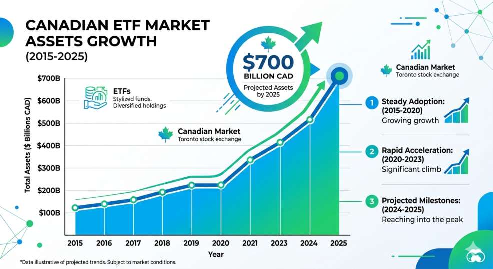 Chart showing growth of Canadian ETF assets to $700 billion in 2025