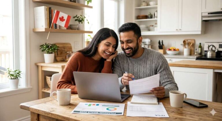 Canadian immigrant couple checking their taxes