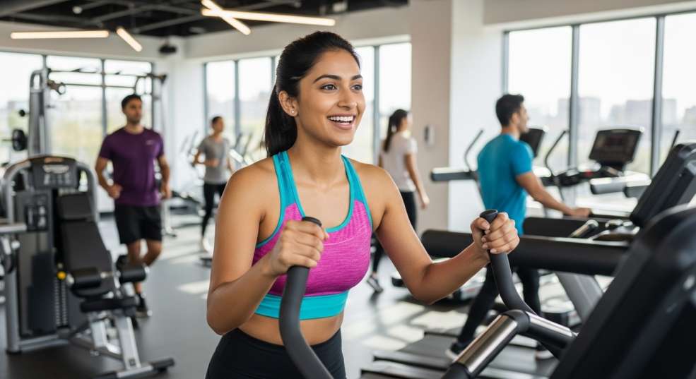 Canadian professional enjoying workplace wellness benefit — gym membership
