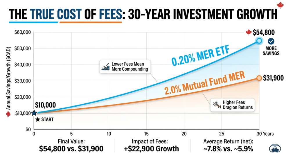 Chart comparing ETF fees vs mutual fund fees impact over 30 years
