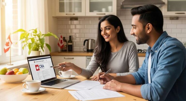 A smiling newcomer couple reviewing financial documents at a table in their Canadian home