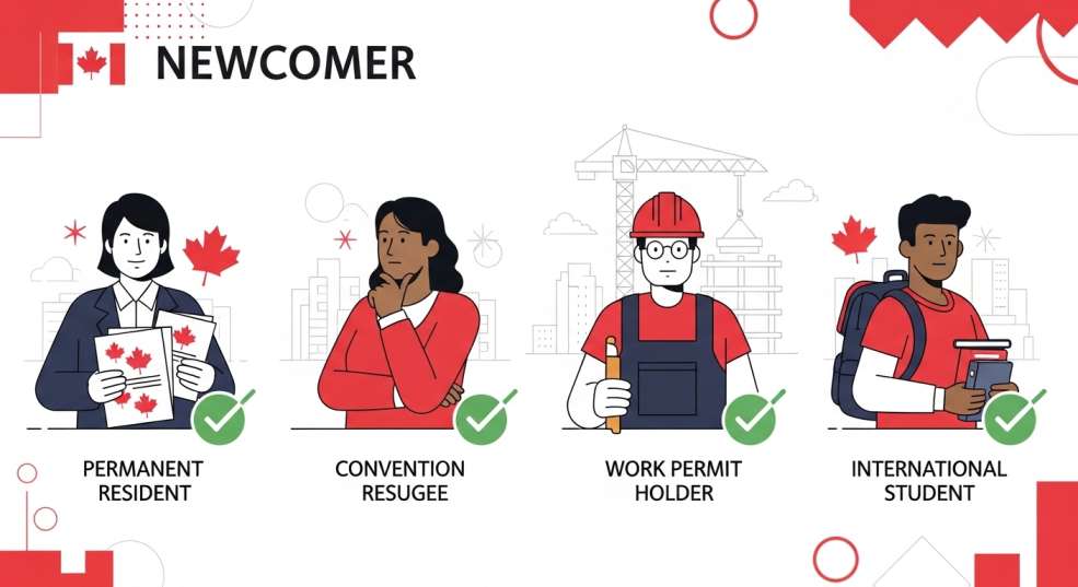 Illustration showing four types of eligible newcomers: permanent resident, refugee, work permit holder, student