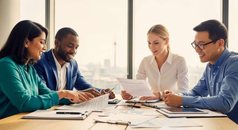 Diverse Canadian employees reviewing employee benefits documents