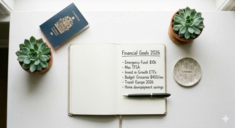 Canadian financial goals notebook alongside Canadian passport — newcomer investing journey