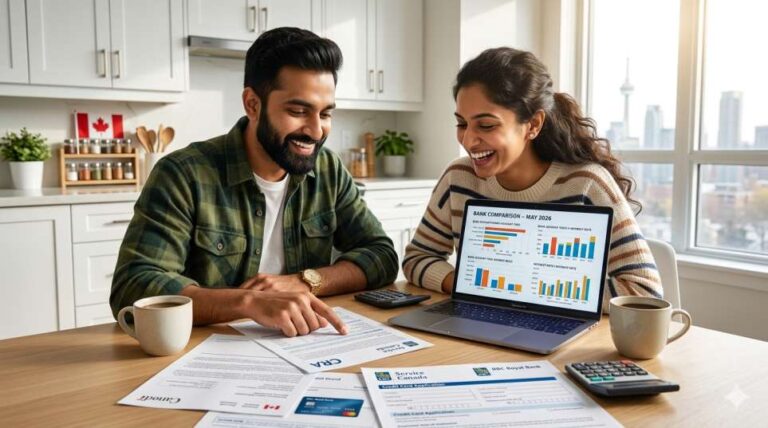 A smiling newcomer couple reviewing banking options on a laptop in a modern Canadian apartment