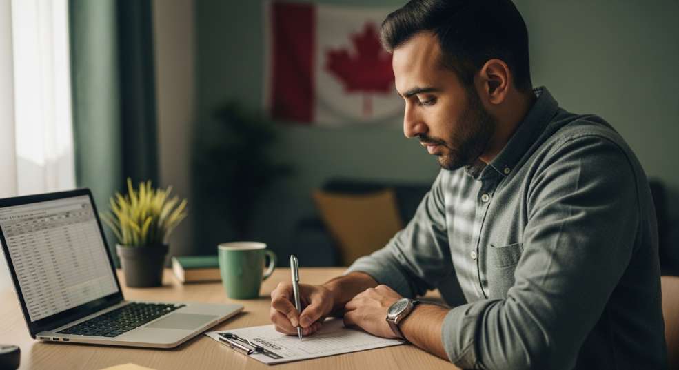 A newcomer looking at a budget worksheet with a determined and focused expression, planning finances at a desk