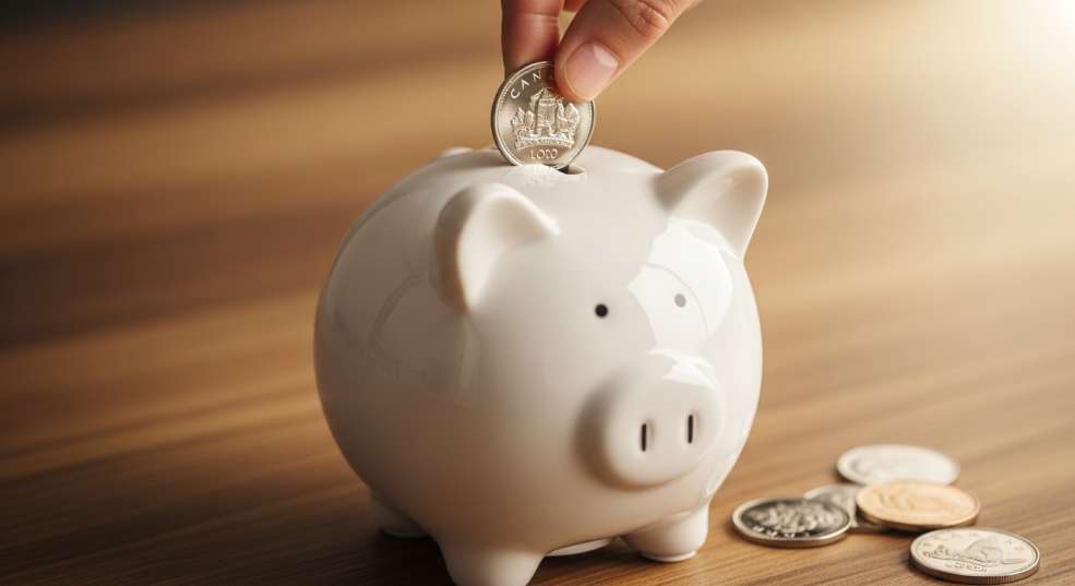 A piggy bank with Canadian dollar coins being dropped in, symbolizing small but consistent savings progress