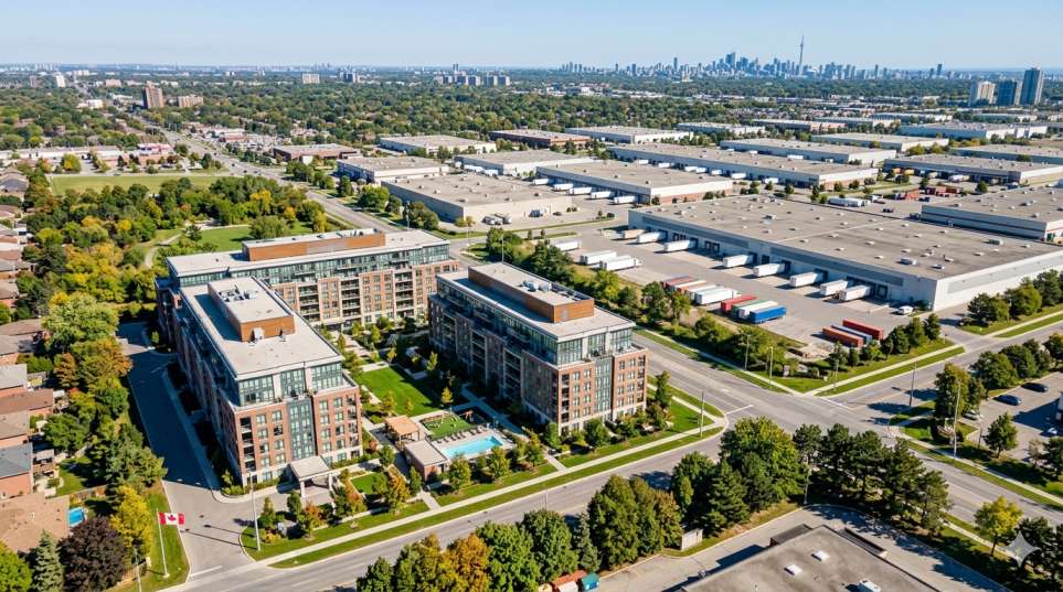 Aerial view of a modern Canadian residential apartment complex and adjacent commercial warehouse buildings, representing a diverse REIT portfolio