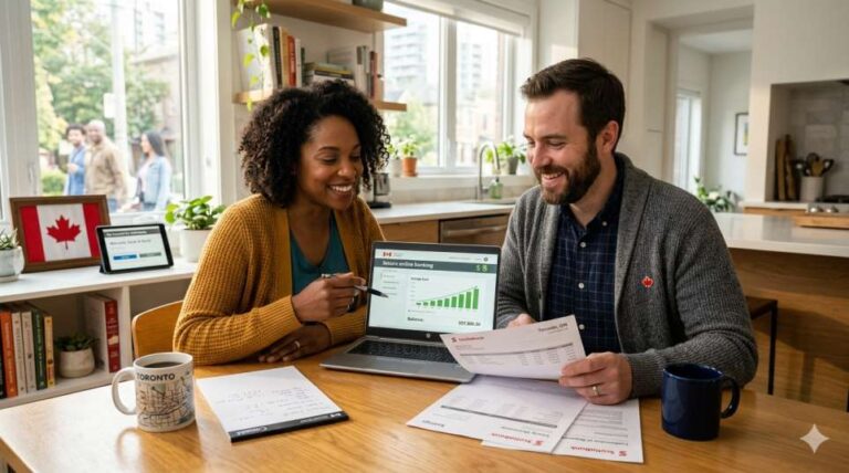 Canadian couple reviewing bank account