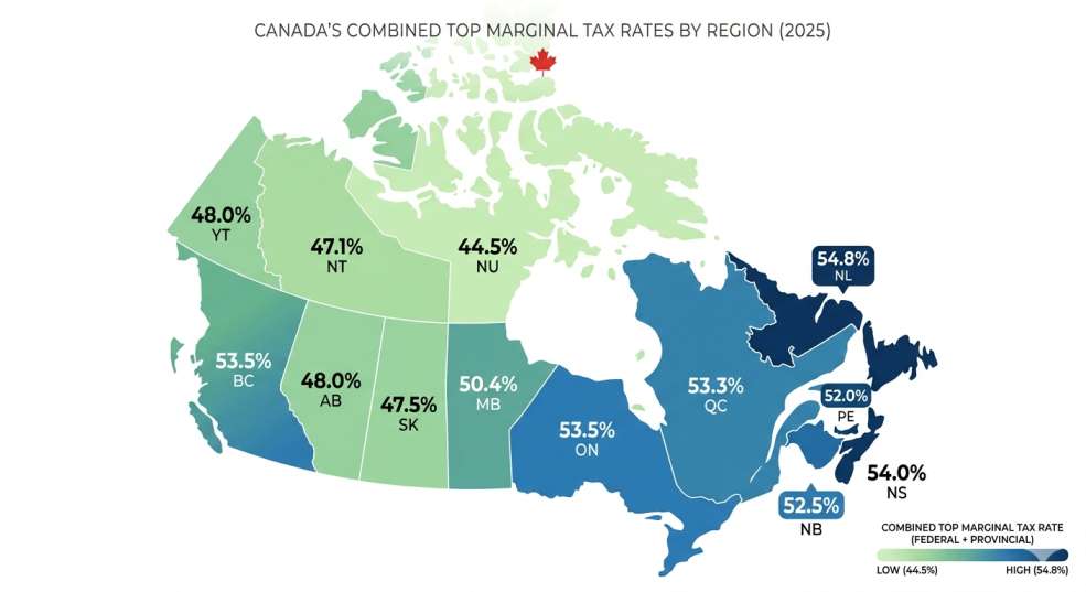 Map of Canada showing combined federal and provincial tax rates by province in 2025