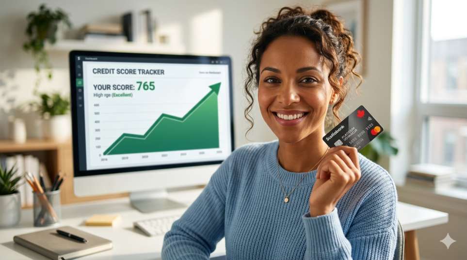 A newcomer holding a Canadian credit card with a rising credit score graph in the background
