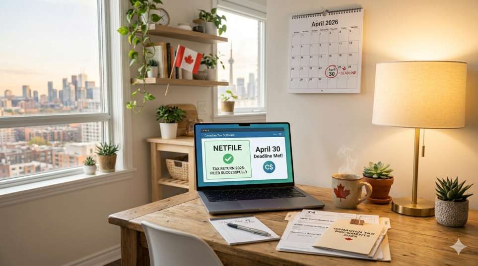 Person filing Canadian taxes online at home desk before April 30 deadline