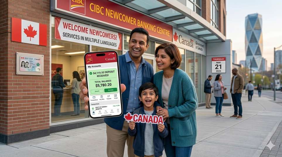 Happy newcomer family in front of a Canadian bank with a smartphone showing a positive bank balance