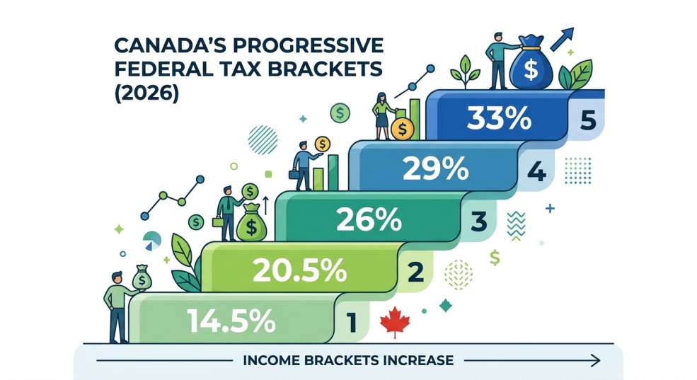 Canada progressive tax bracket staircase diagram showing 14.5% to 33% rates
