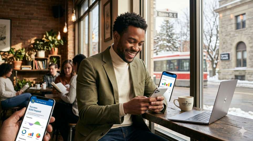 A young newcomer smiling while checking their banking app on a smartphone in a Canadian coffee shop